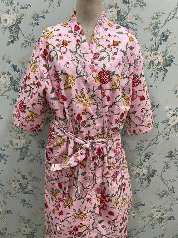 MinakshimArt Pink Cotton Kimono Robes Ladies Dressing Gown Handprint Light Breathable Cotton Bathrobe for Women-Womens Boho Light Weight Kimono Robes.