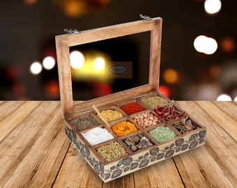 Mango Holz Tischplatte Masala Dabba Behälter Gläser Küche Gewürzbox mit Glasplatte und Löffel Gewürzbox Beste Weihnachten, Muttertagsgeschenk