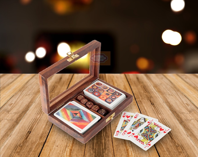Wooden Playing Card Box With Two Set of Playing Cards and 5 Dice - MADE IN INDIA