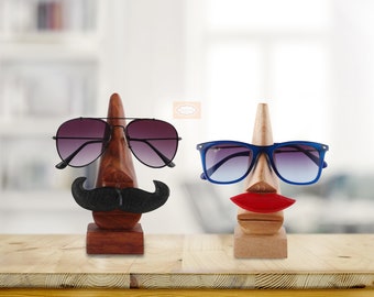 Wooden Spectacle Specs Eyeglass Holder Stand Black Moustache for Men and Red Lips For Women and Cat design best Christmas & New Year Gift