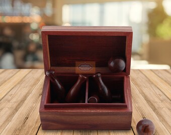 Handicraft Wooden Bowling Mini Game 12 Bottle with Boll The Great Game for Kids / Dimension: Length 6 inch Width 3.5 inch Height 3 inch.