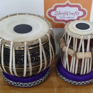 Shriji Crafts Indian Tabla Set embroidery Brass Bayan and Sheesham Dayan Tabla Bag Hammer Cushions Cover Tabla Indian Drums (Made in India)