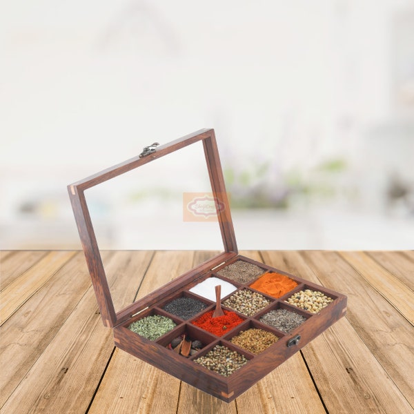 Plateau de table en bois de Sheesham Masala Dabba, bocaux, boîte à épices de cuisine avec dessus en verre transparent et cuillère, boîte à épices, meilleure fête des mères