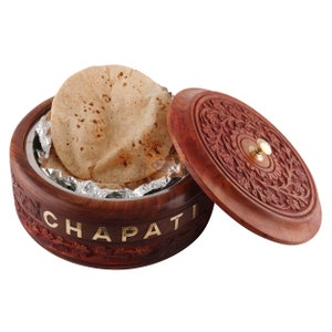 Shriji Handmade Stainless Steel Rosewood Steel Casserole Chapati Box for CHAPATI & BREAD with Engraved Design (9"X9"X4.5") "Made in INDIA"