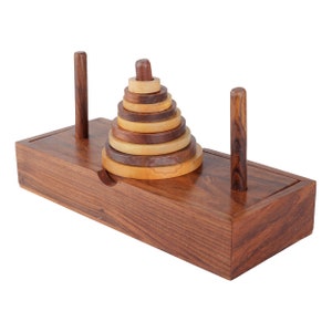 Wooden 9-Rings Tower of Hanoi Puzzle Game Handmade, Brown IQ Brain Teaser Educational Game for Kids MADE in INDIA Best Christmas Gift image 2