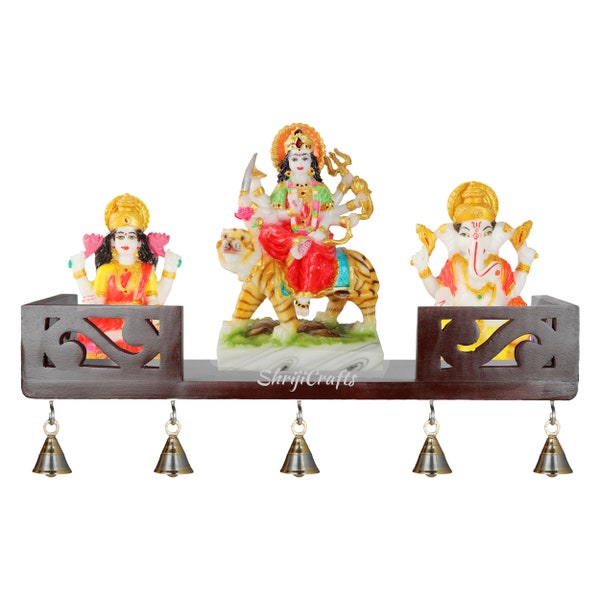 Wooden Home Temple / MDF Temple/ Pooja Mandir / Pooja Temple (18" x 6" x 3" Brown) with 5 Brass Bells for more attraction Mother's Day Gift