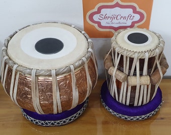 Shriji Tabla Drum Set Indian Wooden and Copper designer Professional Bayan & Dayan Percussion Musical Instrument with Carry Bag Cushion