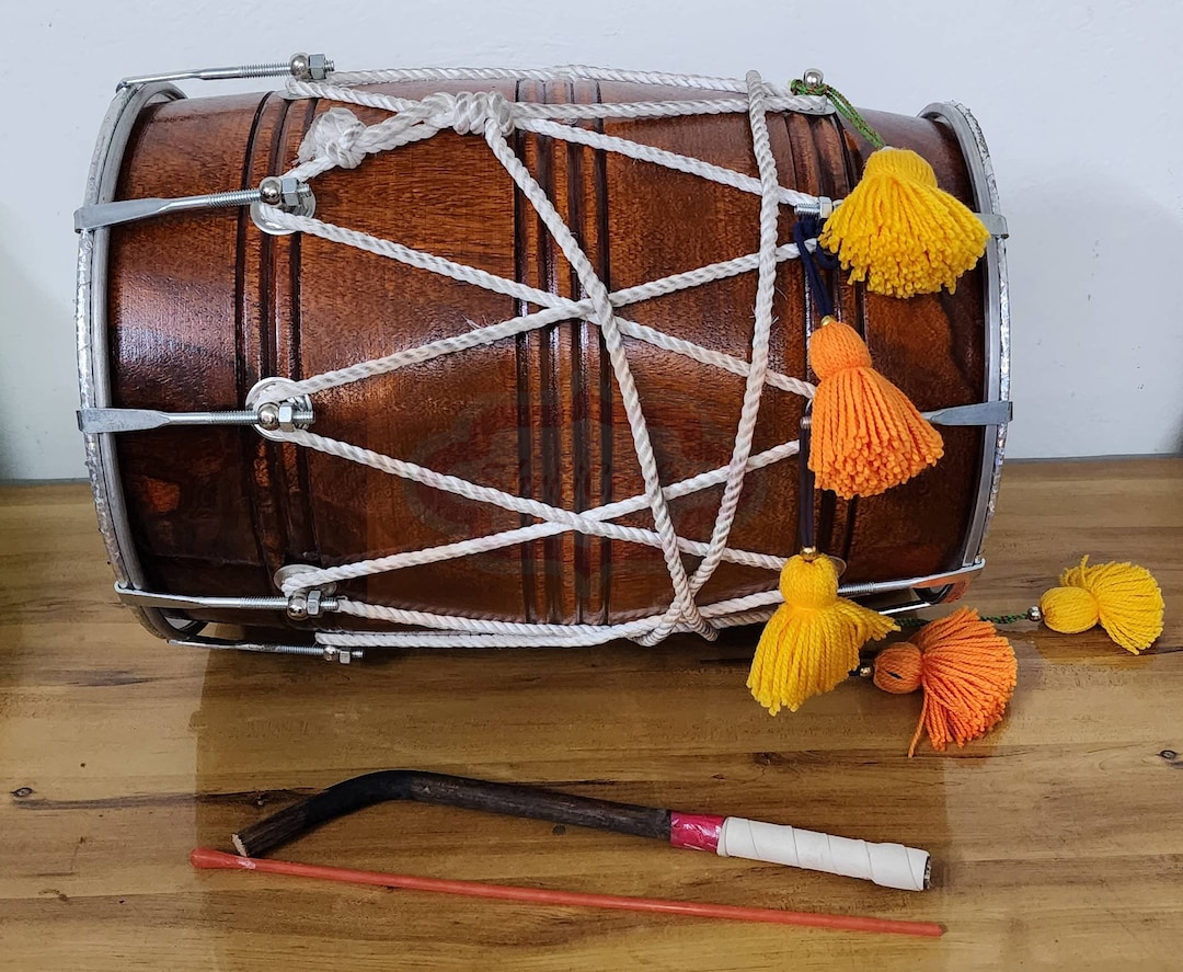 Shriji Wooden Dhol Drum Mango Wood Natural Color Barrel Shaped With Bag