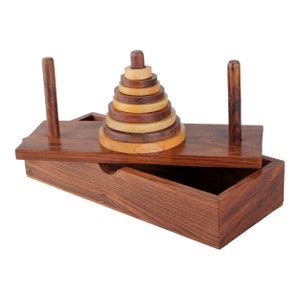 Wooden 9-Rings Tower of Hanoi Puzzle Game Handmade, Brown IQ Brain Teaser Educational Game for Kids MADE in INDIA Best Christmas Gift image 3