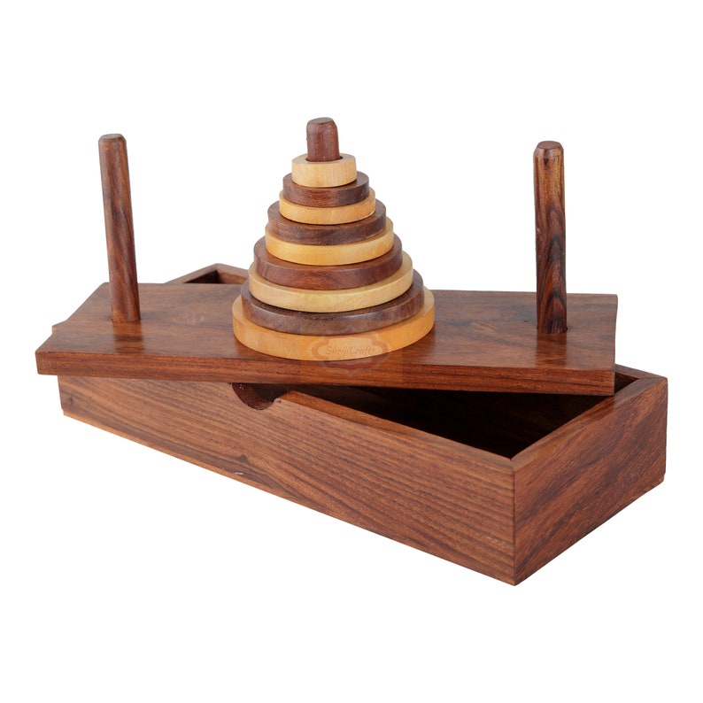 Wooden 9-Rings Tower of Hanoi Puzzle Game Handmade, Brown IQ Brain Teaser Educational Game for Kids MADE in INDIA Best Christmas Gift image 3