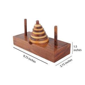 Wooden 9-Rings Tower of Hanoi Puzzle Game Handmade, Brown IQ Brain Teaser Educational Game for Kids MADE in INDIA Best Christmas Gift image 7