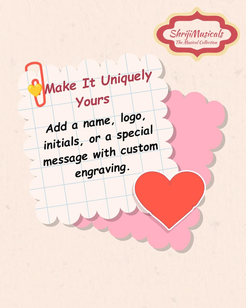May include: A square note with scalloped edges featuring a grid pattern, a red paperclip with a yellow heart, and a red heart icon. The text reads: Make It Uniquely Yours. Add a name, logo, initials, or a special message with custom engraving.