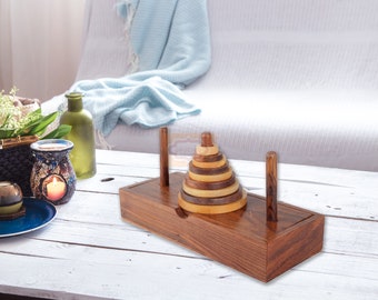 Wooden 9-Rings Tower of Hanoi Puzzle Game Handmade, Brown IQ Brain Teaser Educational Game for Kids "MADE in INDIA" Best Christmas Gift