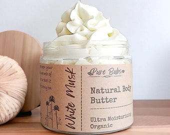 White Musk Organic Body Butter, Whipped 100% Natural Body Butter, Vegan Body Butter with Shea, Mango and Cocoa Butter