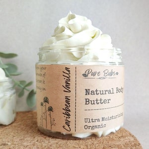 Caribbean Vanilla Organic Body Butter, Whipped 100% Natural Body Butter, Vegan Body Butter with Shea, Mango and Cocoa Butter
