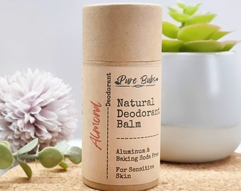 Desodorante orgánico natural de almendras, libre de aluminio y bicarbonato de sodio para pieles sensibles, cuidado personal sin residuos, tubo ecológico