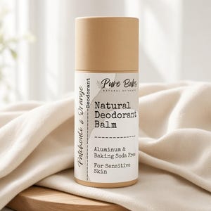 Natuurlijke deodorant met patchouli-sinaasappelgeur, vrij van aluminium en baksoda, balsem voor de gevoelige huid.