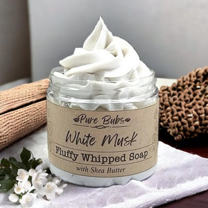 White Musk Fluffy Whipped Soap with Shea Butter, Vegan Shaving soap, All Natural Cream Soap