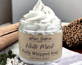 White Musk Fluffy Whipped Soap met Shea Butter, Vegan Scheerzeep, All Natural Cream Soap