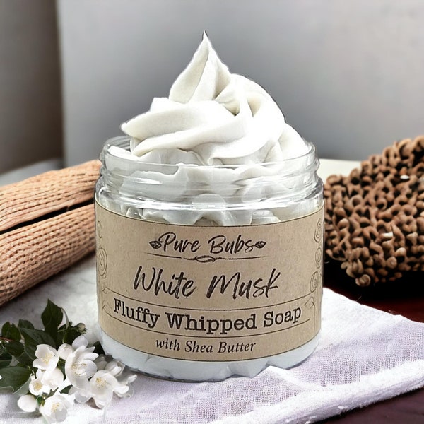 White Musk Fluffy Whipped Soap met Shea Butter, Vegan Scheerzeep, All Natural Cream Soap