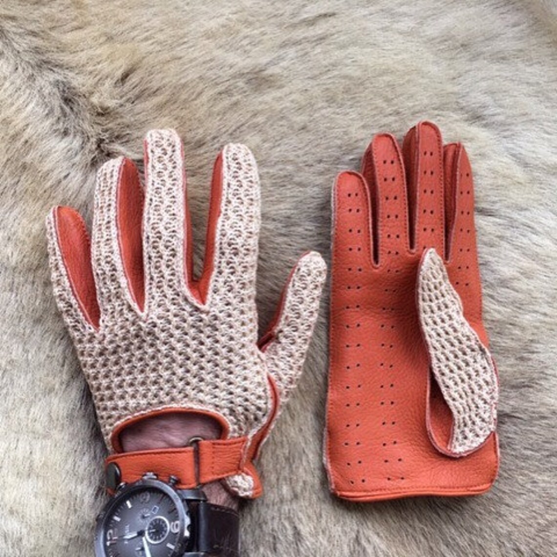 Men's Crochet Driving Leather Gloves Etsy