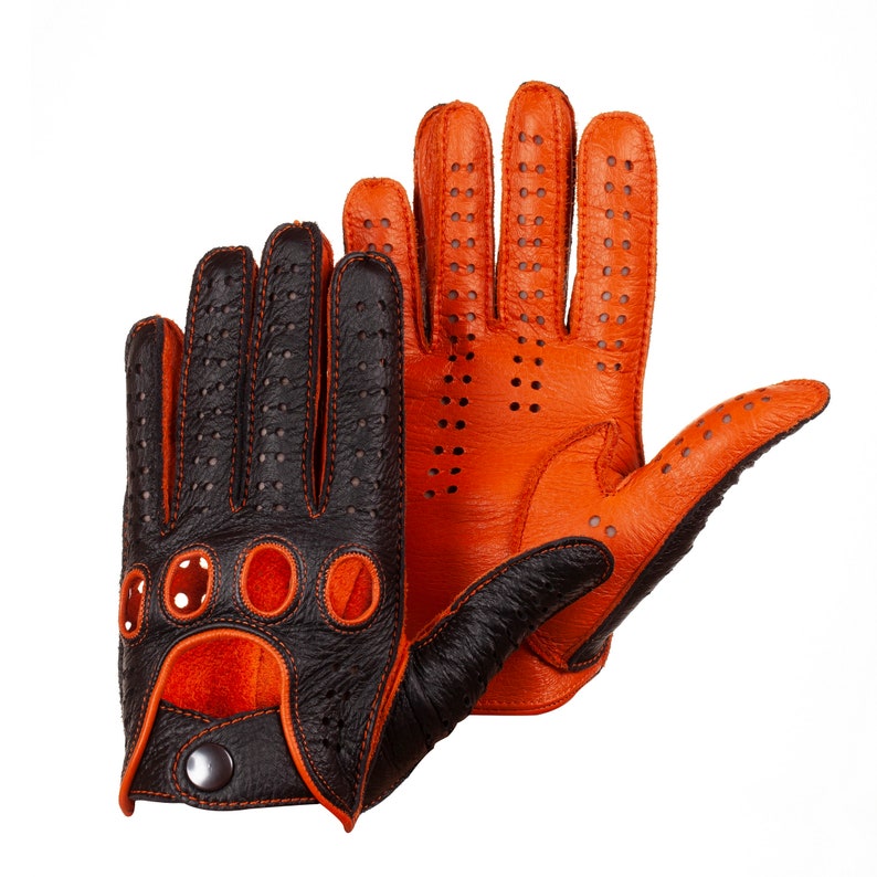 Men's Driving Leather Gloves Handmade Black Orange Etsy Canada