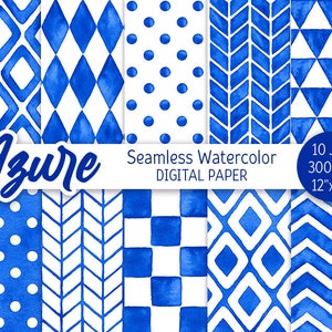 Pacchetto di carta digitale senza giunte dell'acquerello con motivo geometrico blu azzurro Stampabile a pois Chevron sfondo rombo a spina di pesce Scarica