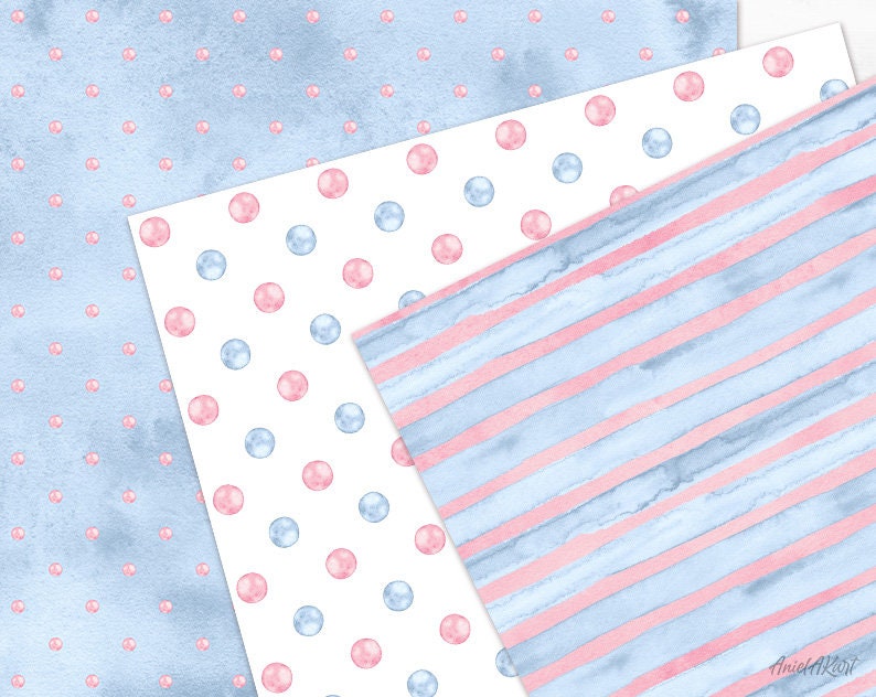 Blush Pink and Blue Seamless Pattern Watercolor Polka Dot Digital Paper ...