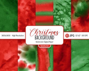 May include: Ten digital papers featuring seamless watercolor patterns in red and green. The patterns include stripes, swirls, and abstract designs. The papers are 12 inches by 12 inches and 300 DPI.