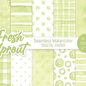 Vert clair Seamless Pattern Aquarelle Polka Dot Digital Paper Pack Arrière-plan imprimable Aquarelle Rayures Vérifier la texture téléchargement instantané
