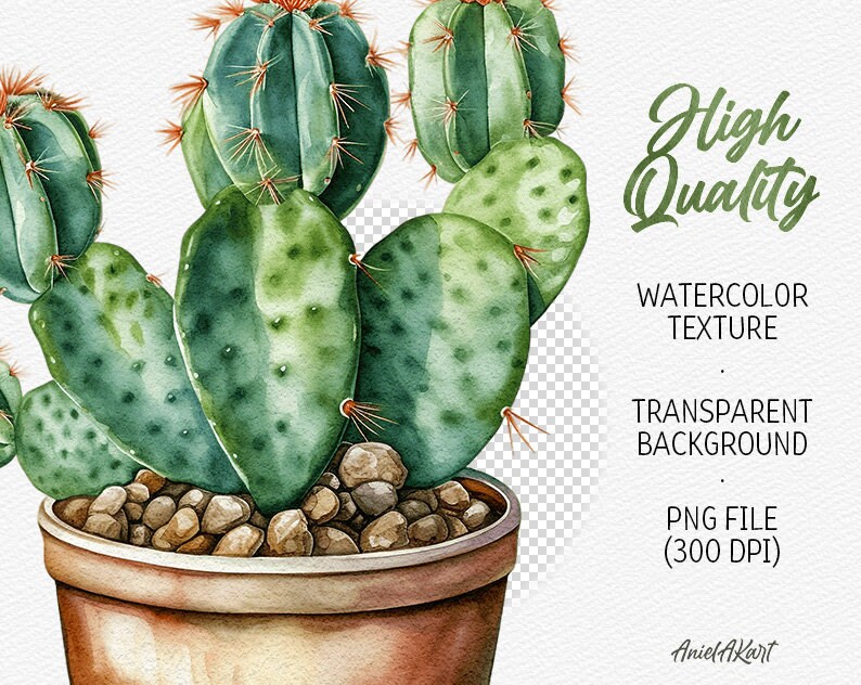 May include: Watercolor painting of a green cactus plant in a brown pot with small brown rocks. The cactus has many arms and is a vibrant green color. The background is transparent.