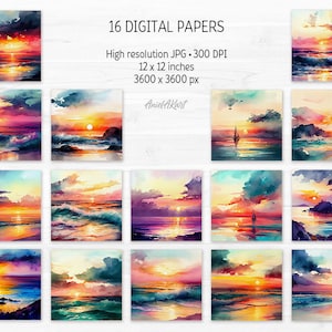 May include: 16 digital papers featuring watercolor paintings of ocean sunsets. Each image is 12 inches by 12 inches and 3600 pixels by 3600 pixels.