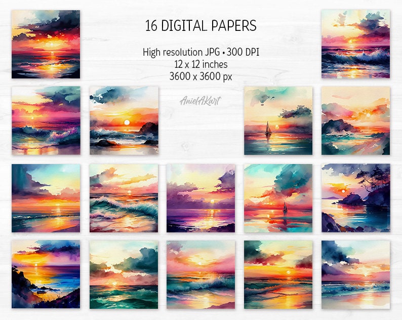May include: 16 digital papers featuring watercolor paintings of ocean sunsets. Each image is 12 inches by 12 inches and 3600 pixels by 3600 pixels.