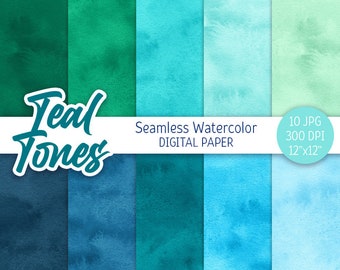 May include: Ten digital paper backgrounds in shades of teal and blue. Seamless watercolor patterns in 12x12 inches, 300 DPI.
