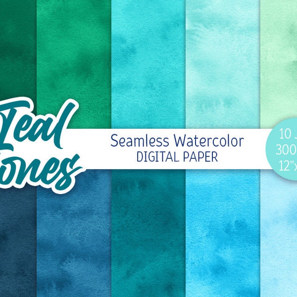 Turquoise Watercolor Background Teal Digital Paper Pack Seamless Pattern Green Hues Textures Clipart Printable Scrapbooking Paper Design