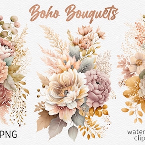 Acquerello Boho Floral Clipart Fiore Boho Matrimonio PNG Boho Bouquet da sposa Sublimazione Bouquet PNG Invito a nozze download istantaneo