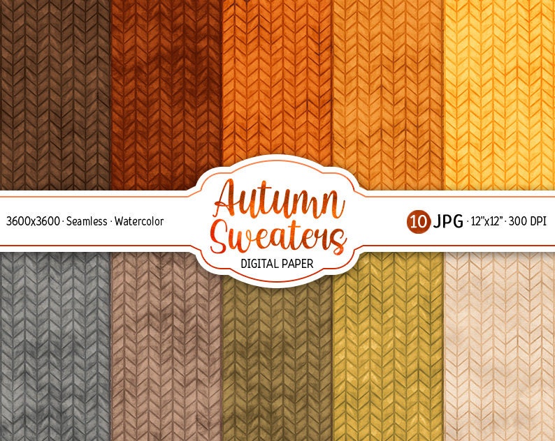 Autumn Sweater Digital Paper Pack Cozy Fall Knit Seamless Pattern Watercolor Printable Scrapbooking Paper Autumn background wool texture