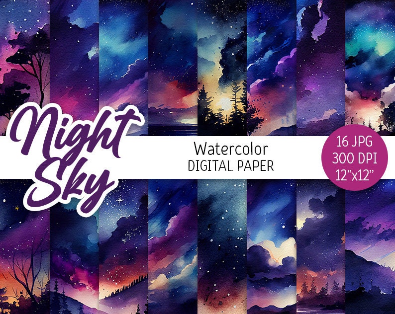 Night Sky Digital Paper Pack Watercolor Clouds Printable Scrapbooking ...