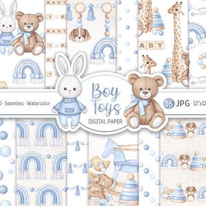 Paquete de papel digital para bebé niño, juguetes de acuarela estilo bohemio para guardería, patrón sin costuras, papel de álbum de recortes imprimible para baby shower azul, fondo para recién nacido
