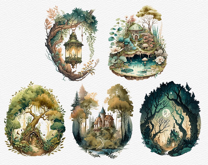 Watercolor Enchanted Forest Clipart Fairy Forest PNG Bundle Magic ...