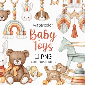 Baby Toys Watercolor Clipart Boho Nursery PNG Baby Shower Neutral Clipart Handpainted Cute Designs Kids  Wooden Eco Toys Newborn Invitation