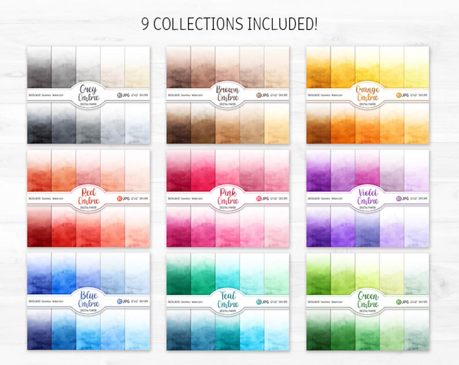 Ombre Watercolor Digital Paper Pack Bundle 90 Rainbow Colors Gradient ...