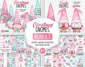 Jultomtetter clipart PAKET Akvarell tomtetomtar PNG Söt jul Handritad tomtegrafik Rosa jul Clipart Vinter Sublimering