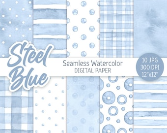 Steel Blue Seamless Pattern Watercolor Polka Dot Digital Paper Pack Printable Scrapbooking Paper Light blue background Pastel Baby Blue