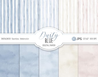 Akvarell, dammig blå, digitalt papperspaket, abstrakt, sömlöst mönster, utskrivbart, scrapbook, pappersränder, babyshower, barnrum, Cottagecore-tryck