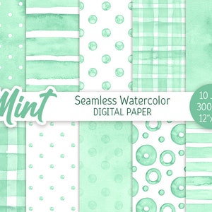 Mint Green Seamless Pattern Acquerello Pois Digital Paper Pack Stampabile Sfondo matrimonio Strisce Baby shower texture