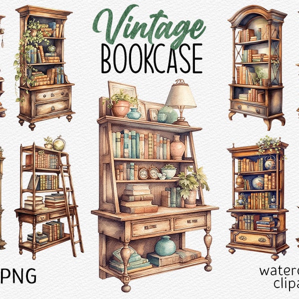 Watercolor Vintage Bookcase Clipart Bundle Dark academia PNG Bookshelf Old Book clipart Reading clip art Commercial Use Digital download