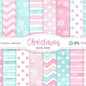 Mint & roze kerst naadloze patroon aquarel sneeuwvlokken digitaal papier pack pastel afdrukbare scrapbooking papier strepen stippen achtergrond