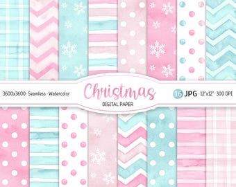 Mint & Pink Christmas Seamless Pattern Watercolor Snowflakes Digital Paper Pack Pastel Printable Scrapbooking Paper Stripes Dots background