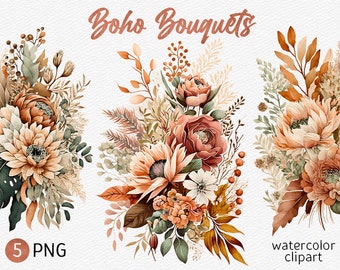 Watercolor Boho Floral Clipart Terracotta Flower Boho Wedding PNG Bohemian Sublimation Rustic Bouquet Wedding Invitation instant download